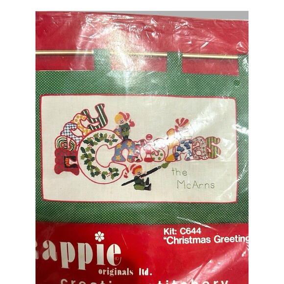 Vtg Christmas Wool Crewel Kit 1980 Kappie Originals Christmas Greetings Elves - Picture 2 of 6